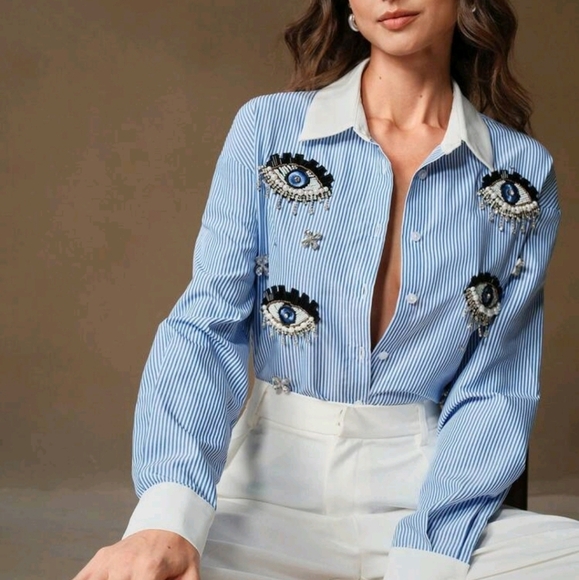 Women's Riveted Rhinestone Embellished Blue Striped Patch-Up Shirt Top - Picture 1 of 6